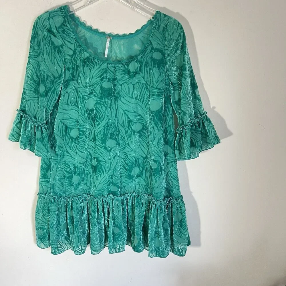 Free People Green zen garden peacock velvet Tunic mini dress Ruffles XS - Picture 2 of 8